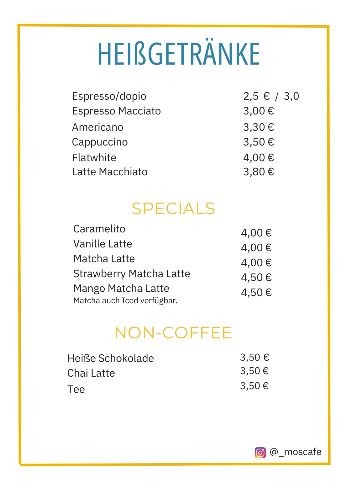 Speisekarte Heißgetränke von Mo's Café Kiel