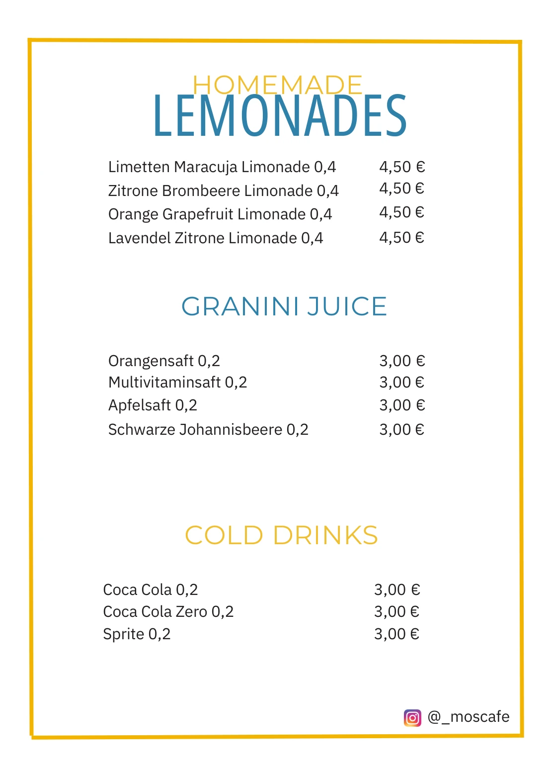 Speisekarte Kaltgetränke von Mo's Café Kiel
