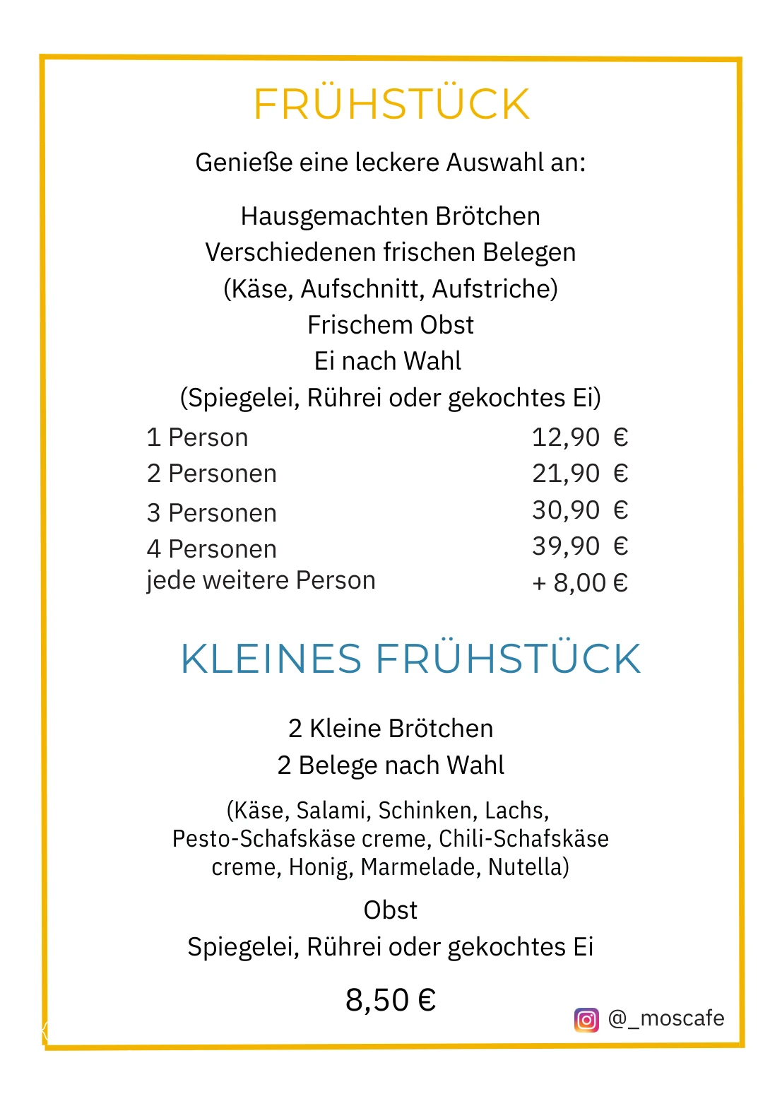 Frühstückskarte von Mo's Café in Kiel-Holtenau